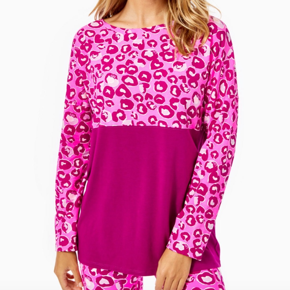 NWT sz L Lilly Pulitzer Finn top in Mandevilla pink Don’t Be A Cheetah